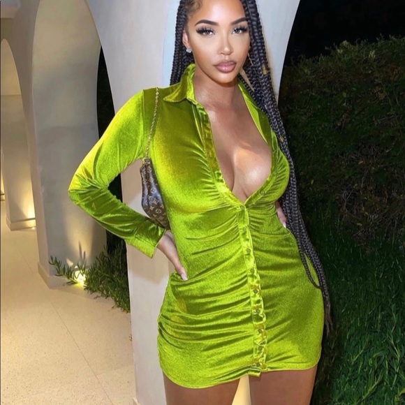 Olive green button down velvet mini dress - Picture 1 of 3